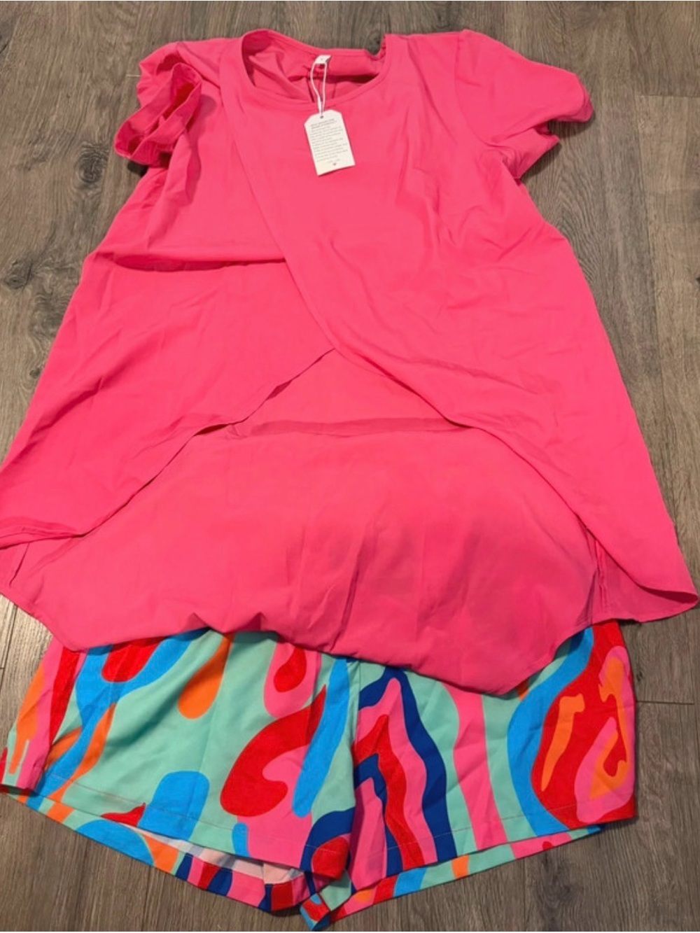 New Hot PinkFront Top with Multicolor Patterned Shorts